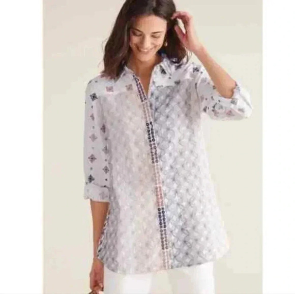 {Soft Surroundings} Gauzy Button-Down Embroidered Print Blouse - Medium - Picture 1 of 14